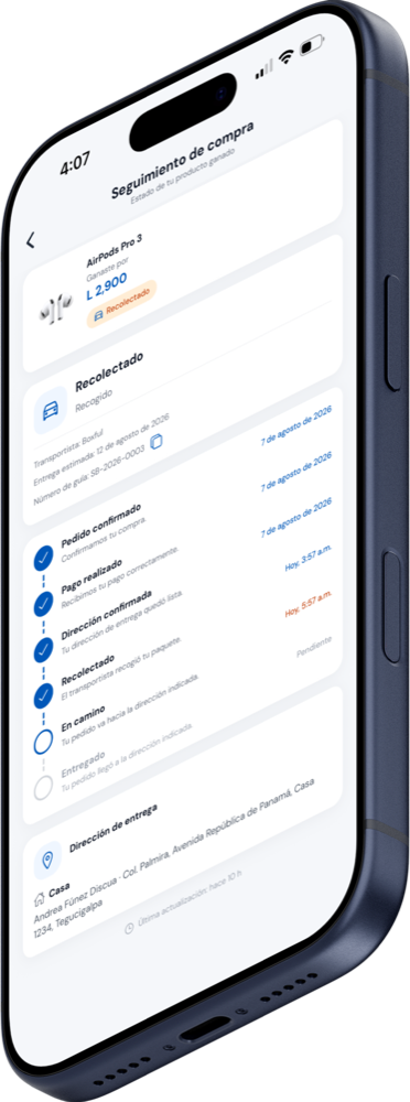 Pantalla de seguimiento de un pedido en la aplicación SuperBin con las etapas de la entrega.